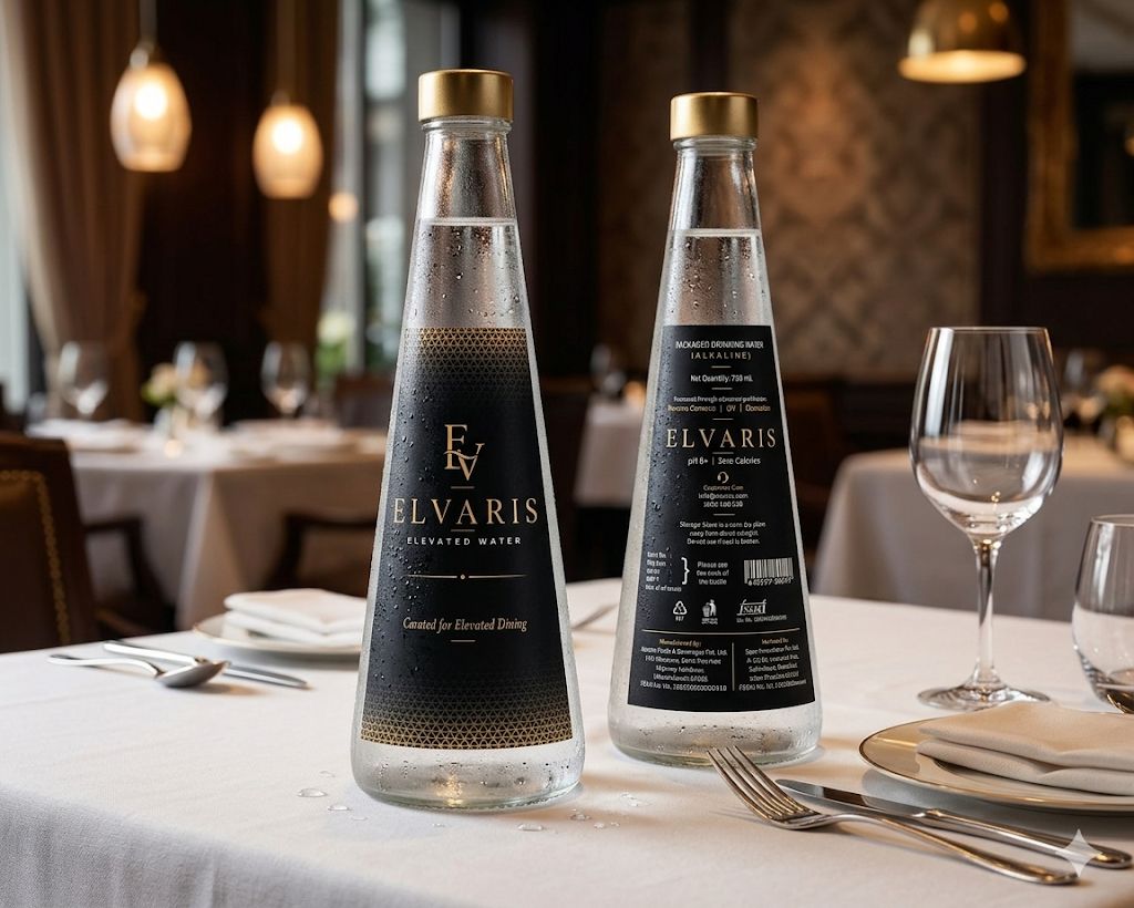Elvaris bottle at an elegant fine dining table setting with candlelight