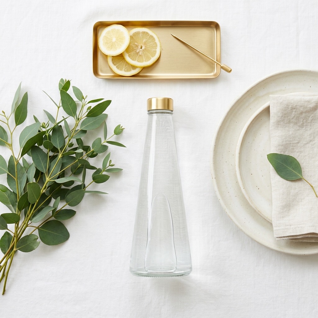 Minimalist flat lay with Elvaris bottle alongside fresh botanicals