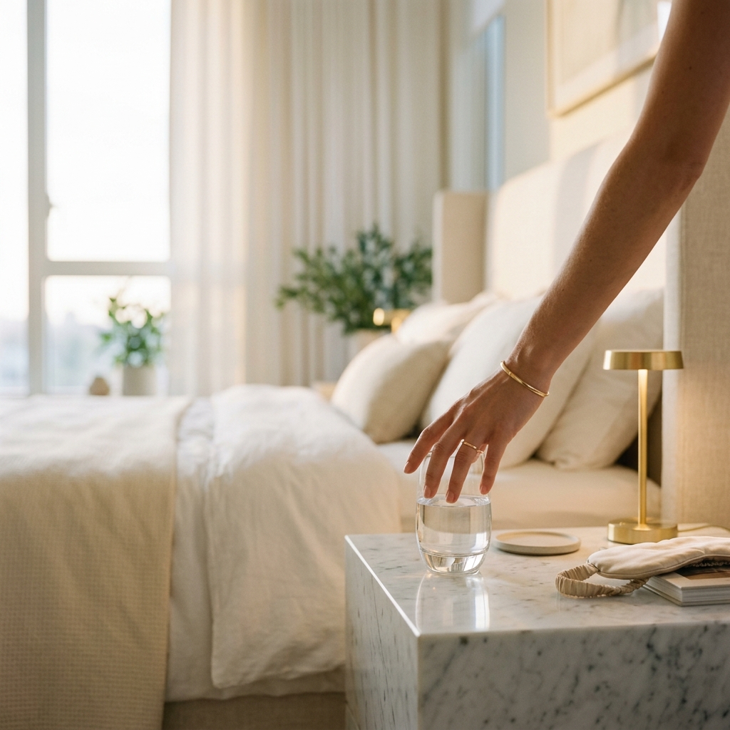 Serene morning wellness scene with a glass of crystal-clear water